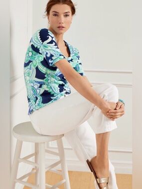 Talbots Navy Blue Floral Paisley Short-Sleeve Tee